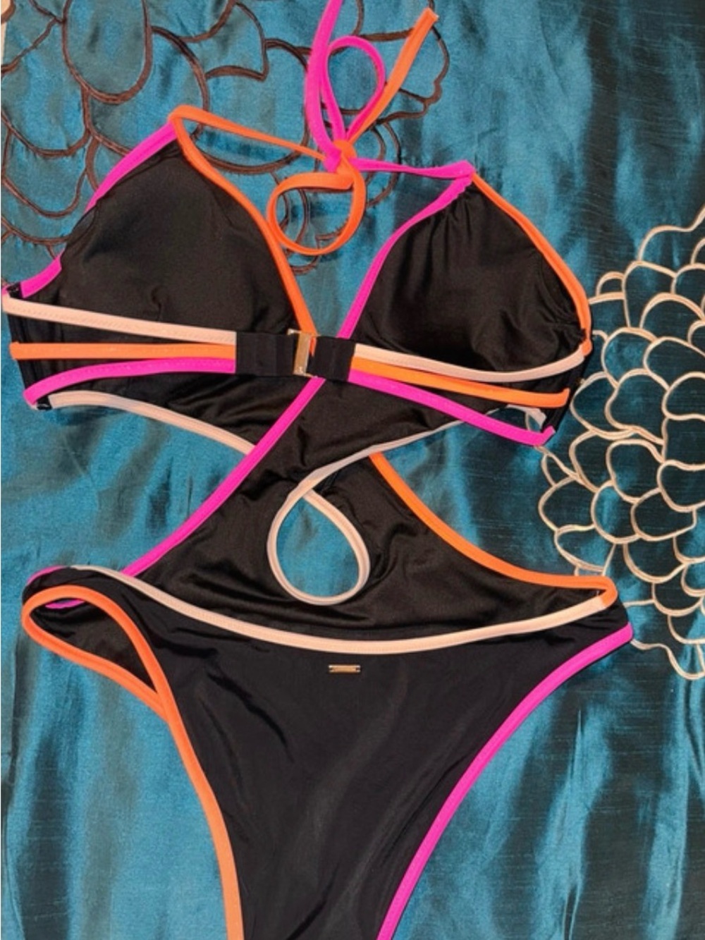 Victoria's Secret Black One-Piece Swimsuit with Pink, Orange & Cream Trim - Picture 4 of 5